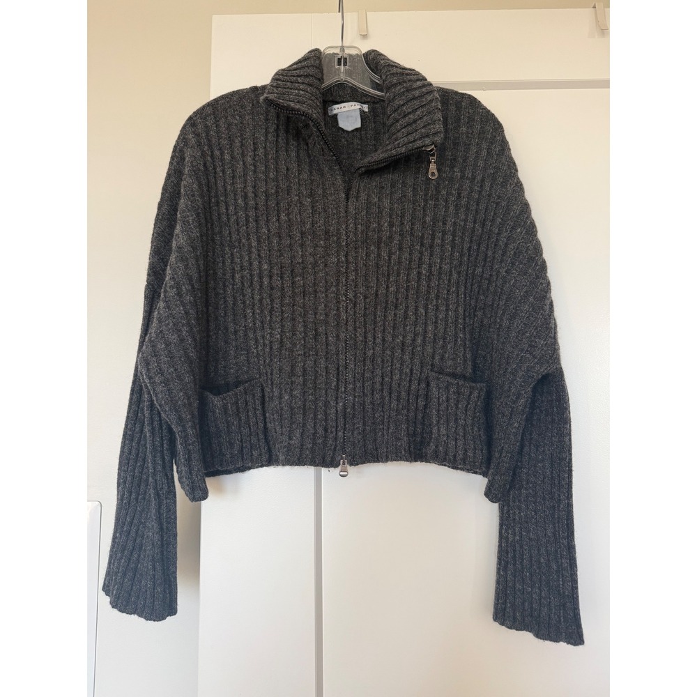 Sarah Pacini Charcoal Grey Ribbed Two Zip Cropped Cardigan Sweater Funnel Neck